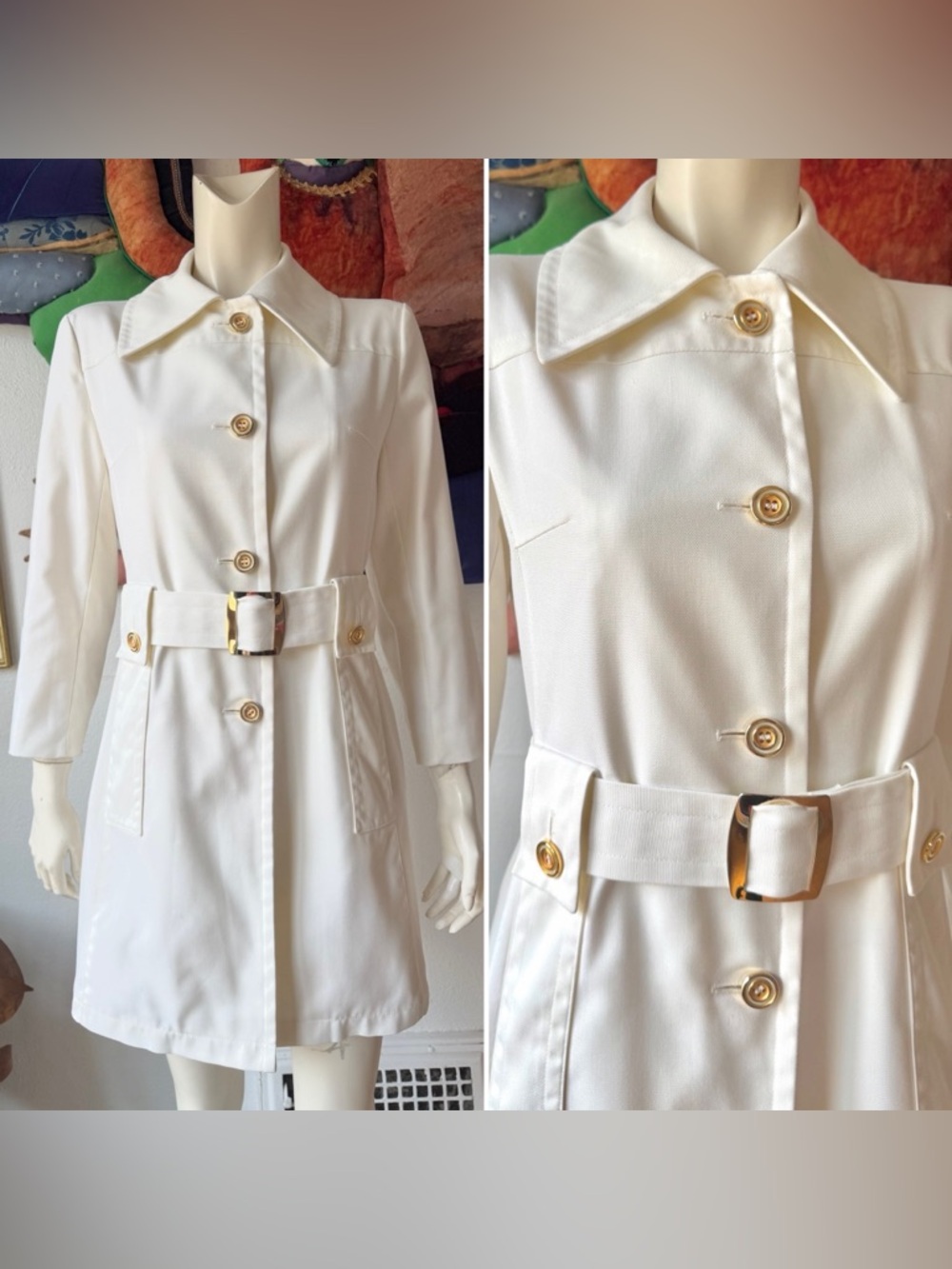 Vintage MOD WHITE COAT London Fog Gold Buttons Buckle Canvas 1970s Jacket  S